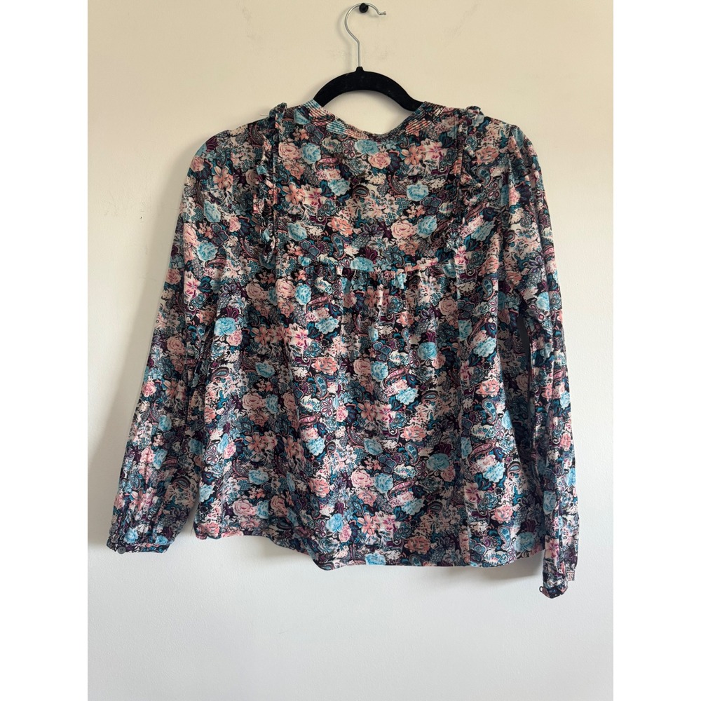 J.Crew Womens Floral Paisley Cotton Silk Ruffle Blouse Blue Pink Small - Picture 2 of 7